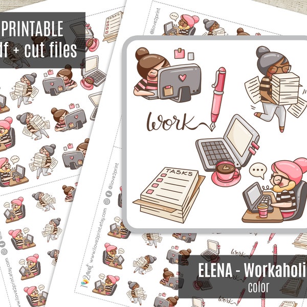 Elena Planner Girl Workaholic Printable Planner Stickers, Work Color Printable Sticker, Functional Stickers Cute Character, CUT FILES