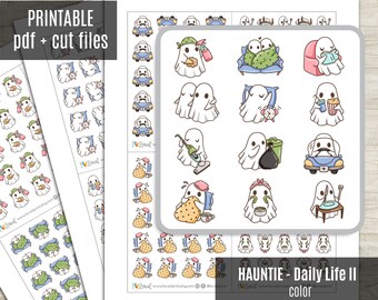 Hauntie the Ghost Daily Life Color BUNDLE 2 Planner Stickers, Printable Stickers, Cute Character, Functional, Bullet Journal - CUT FILES