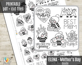 Elena Planner Girl Mother's Day STAMP Printable Planner Stickers, Coloring Printable Sticker, Functional Character Stickers - Cut Files