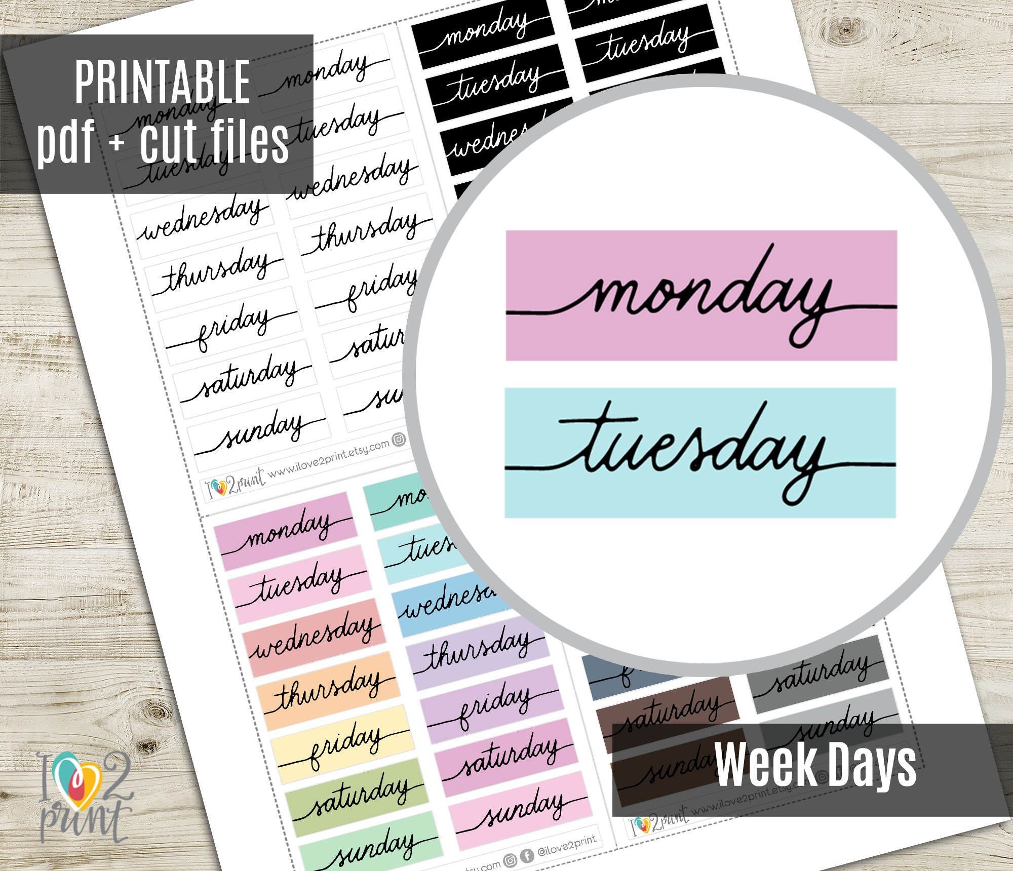 DAY STICKERS // Days of the Week Weekly/Monthly Stickers // aesthetic,  printable, digital