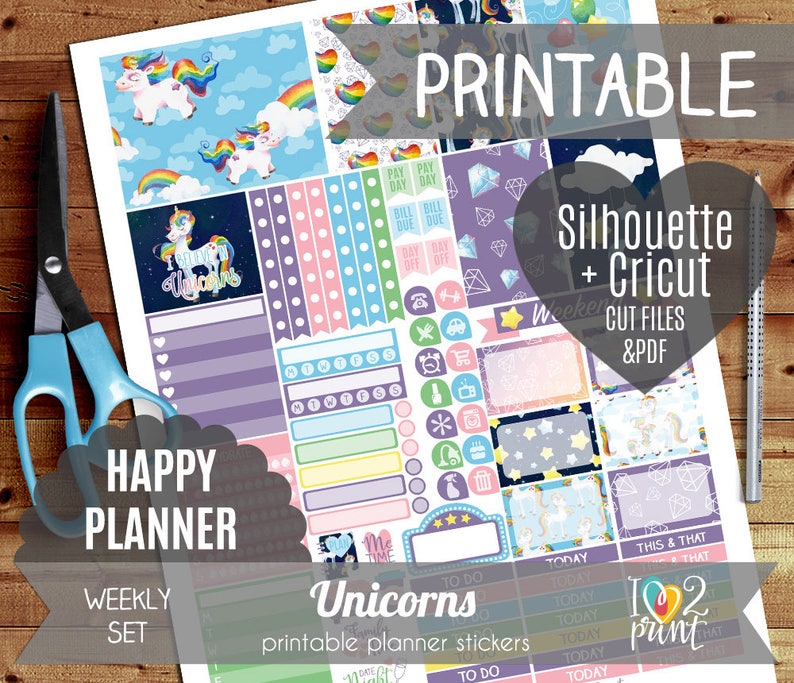 unicorn weekly printable planner stickers happy planner etsy