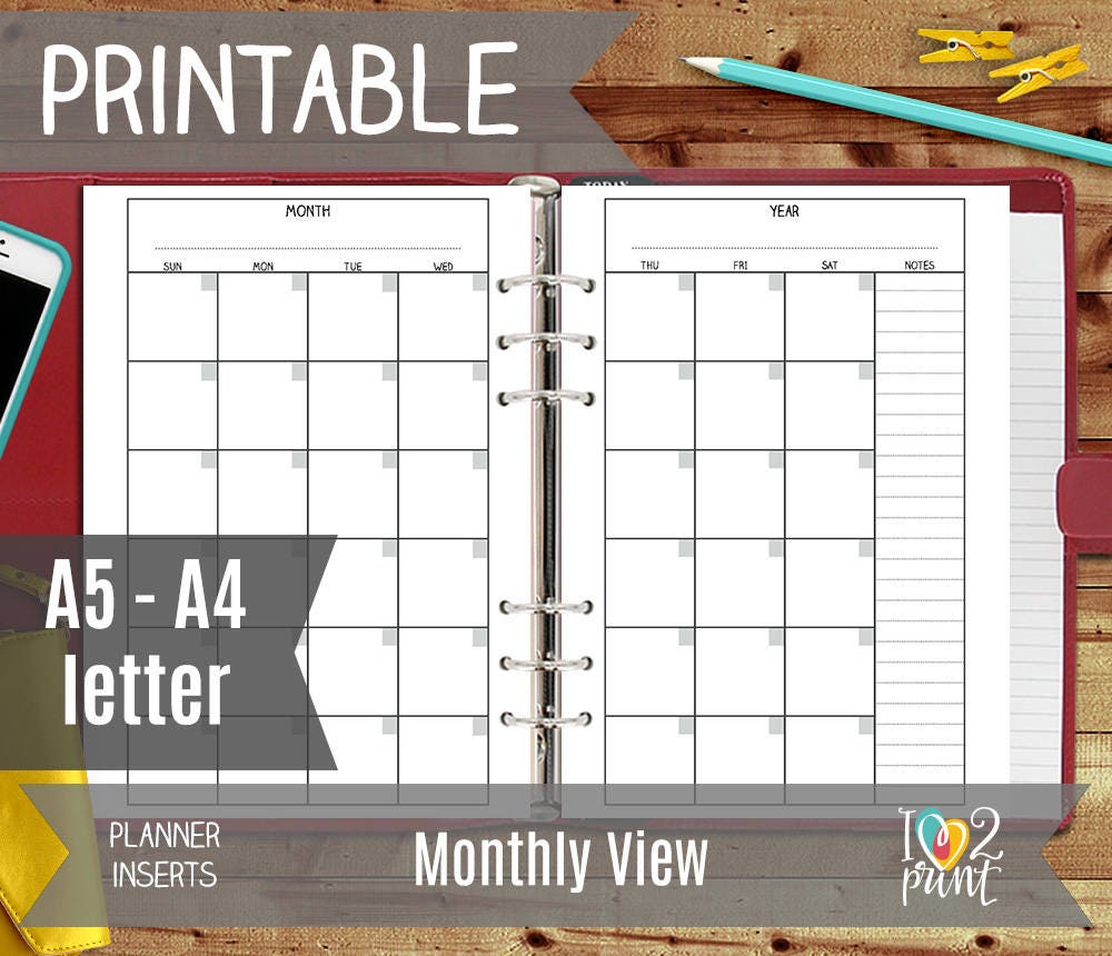 Monthly Printable Planner Insert: Monthly View A5 Monthly | Etsy