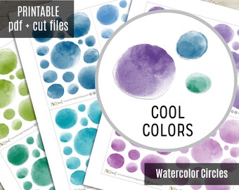 Watercolor Circles Planner Stickers, COOL colors Printable Stickers, Washi Stickers, Printable Planner Sticker, Bullet Journal - CUT FILES