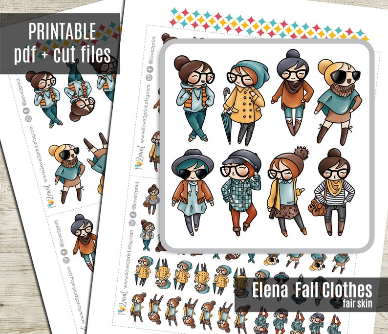 Elena Planner Girl Fall Outfit peau claire Automne Elena Planner Stickers, Stickers imprimables, Sticker personnage, Bujo, Coloring CUT FILES image 1
