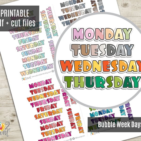 Bubble Days of Week Planner Stickers, Rainbow Fluffy Font Monthly Printable Stickers, Printable Planner Sticker - CUT FILES