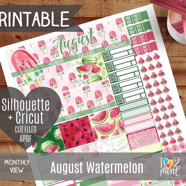 August Monthly View Stickers, Watermelon Printable Planner, EC 2017 Stickers, Watermelon Overview , August stickers, Summer - CUT FILES
