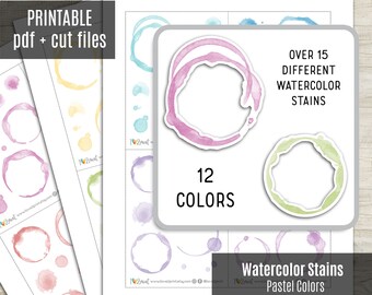 Watercolor Stains Deco Planner Stickers, PASTEL colors Decorative Printable Stickers, Deco Sticker, Bullet Journal, Hobonichi - CUT FILES