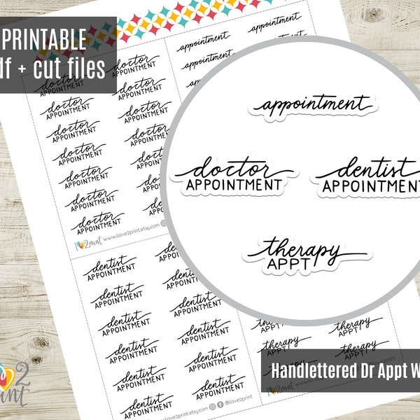 Handlettered Doctor Appointment Planner Stickers, Script Words Printable Stickers, Appt Stickers, Printable Planner Sticker - CUT FILES