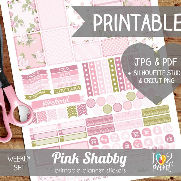 Pink Shabby Chic Printable Planner Stickers, Erin Condren Planner Stickers, Weekly Planner Stickers, Rose EC stickers, SILHOUETTE / CRICUT