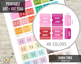 Mois Index Tabs Planner Stickers, 48 couleurs Autocollants imprimables, Autocollant de planificateur imprimable, Bullet Journal - CUT FILES
