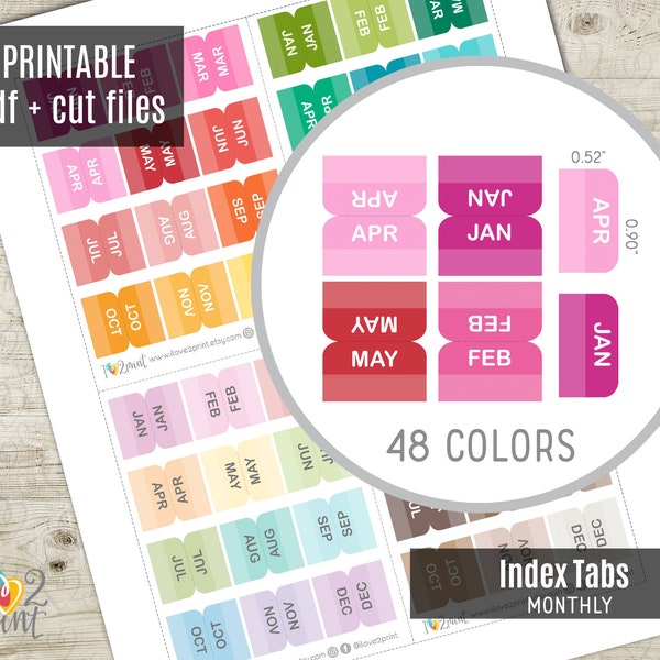 Month Index Tabs Planner Stickers, 48 colors Printable Stickers, Printable Planner Sticker, Bullet Journal - CUT FILES