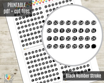 Dot Numbers Planner Stickers, Black Brush Stroke Numbers Hand-drawn  Printable Stickers, Printable Planner Sticker CUT FILES 