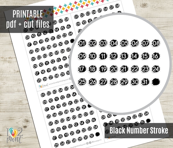 Dot Numbers Planner Stickers, Black Brush Stroke Numbers Hand-drawn  Printable Stickers, Printable Planner Sticker CUT FILES 