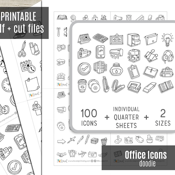 Office Doodle Icons Planner Stickers, Work / Business Hand-Drawn Icons Printable Sticker, Planner Sticker, Planner Icons - CUT FILES