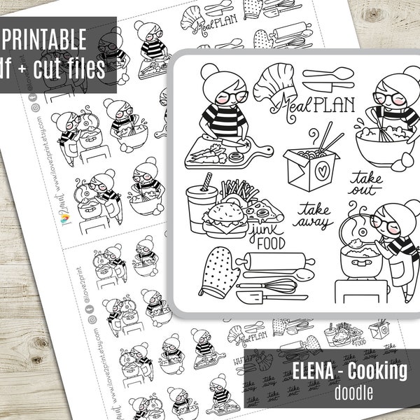 Elena Planner Girl COOKING Printable Planner Stickers, Erin Condren Printable Sticker, Functional Stickers Character, Baking - CUT FILES