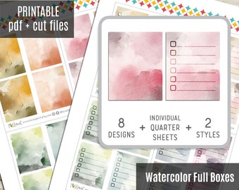 Watercolor Full Box - Checklist Boxes Planner Stickers, Notes Printable Stickers, Printable Planner Sticker, Journal, Bujo, Cut Files