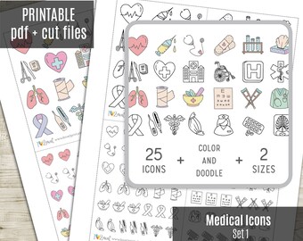 Medical Icons Planner Stickers Set 1 , Doctor Icons Hand-Drawn Printable Sticker, Planner Sticker, Planner Icons, Hobonichi - CUT FILES