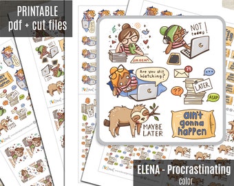 Elena Planner Girl - Procrastinating COLOR Printable Planner Stickers, Character, Functional, Bullet Journal, Printable Stickers - CUT FILES