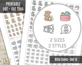 Budget Bills Icons Planner Stickers, Hand-Drawn Coins, Wallet, Dollar Bill, Money, Mini Icons Stickers - CUT FILES
