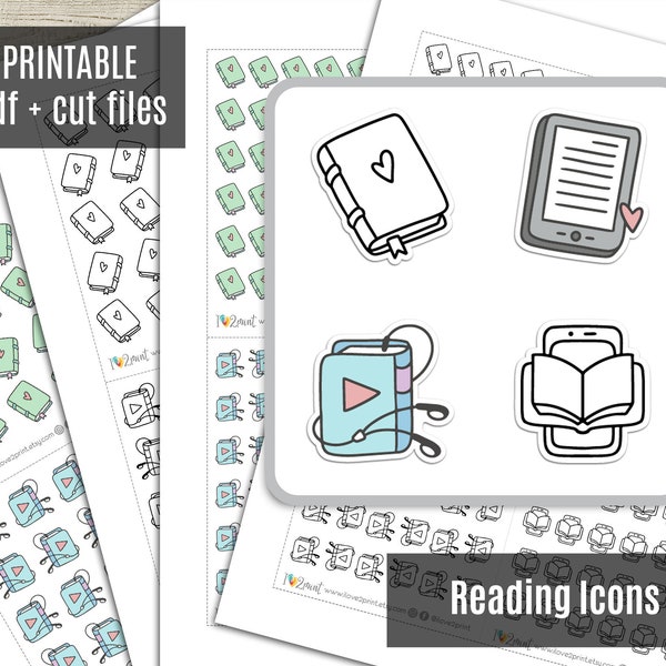 Reading Icons Planner Stickers, Hand-Drawn Books, E-book, Audiobook, Kindle Mini Icons Stickers - CUT FILES