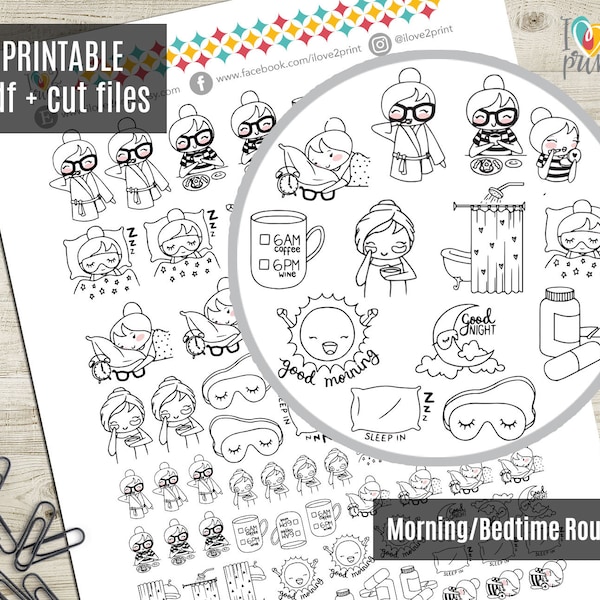 Planner Girl Morning/Bedtime Routine Planner Stickers, Printable Stickers, Character, Functional, Bullet Journal, Coloring - CUT FILES