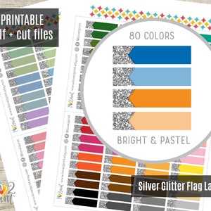 Silver Glitter Flag Labels Planner Stickers, Glitter Label Printable Stickers, erin condren, Bujo, ECLP, Happy Planner- CUT FILES