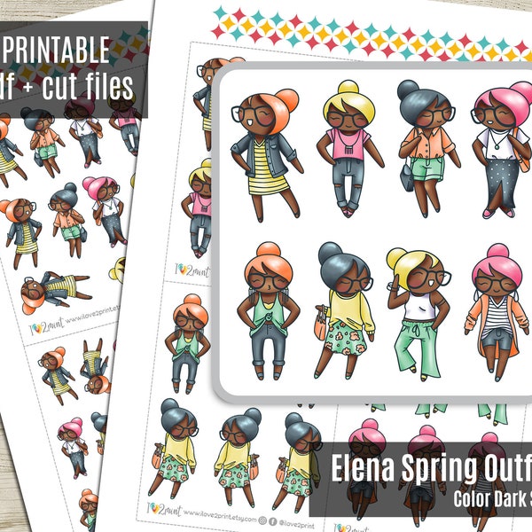 Elena Planner Girl Spring Outfits dark skin - Fashion Planner Stickers, Printable Stickers, Character Sticker, Bujo, Printable - CUT FILES