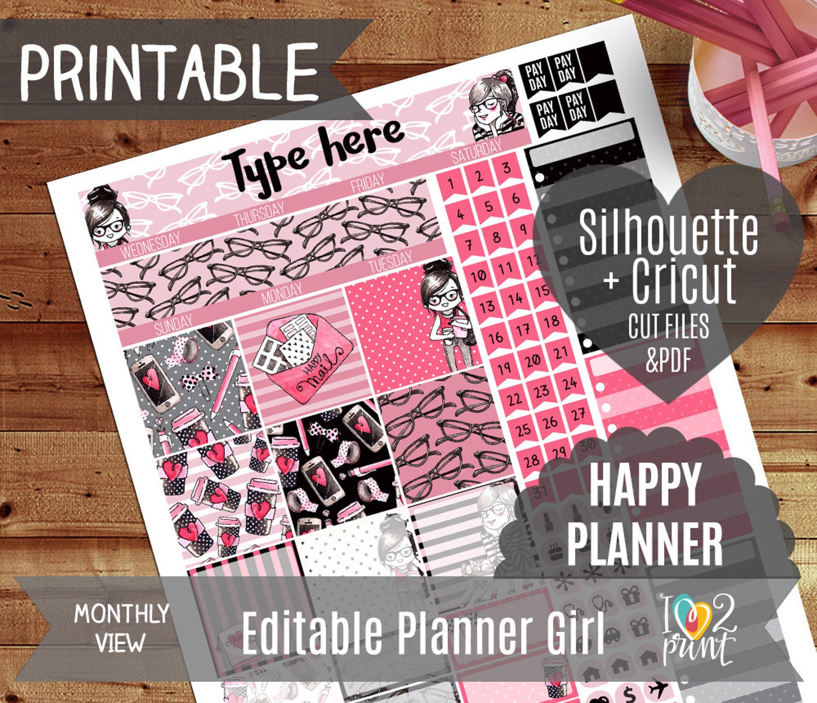 Planner Girl Editable Monthly View Stickers Printable | Etsy
