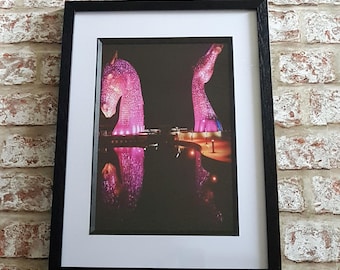 Kelpies lit up, Kelpies at night, Kelpies in colour, Neon Kelpies, Kelpies A4 or A3 Framed print