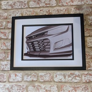 May include: A black and white illustration of the front end of a car. The car has a black grille with a honeycomb pattern and a silver bumper.