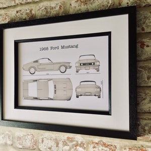 1968 Ford Mustang Art Print: Classic Car Infographic, Framed
