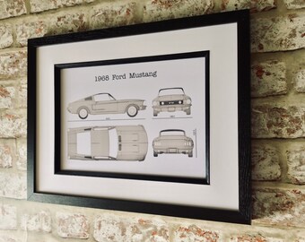 1968 Ford Mustang Art Print: Classic Car Infographic, Framed