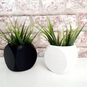 May include: Two geometric planters, one black and one white, with green plants inside. The planters are made of a smooth, rounded material and have a modern, minimalist design.