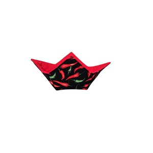 May include: A fabric bowl cozy featuring a black exterior with a repeating pattern of red and green chili peppers. The interior is lined with solid red fabric, and the edges are finished with a bright red trim, creating a four-pointed shape.