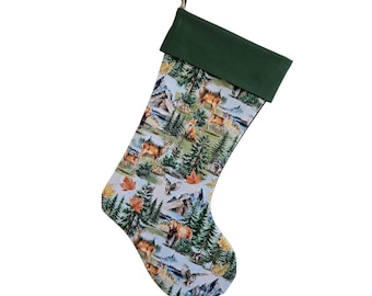 Lifelike Woodland Animals of Bears, Deer, Fox, Raccoons, Rabbits and Owls Quilted Christmas Stocking, Green Cuff, 9.5" x 19"