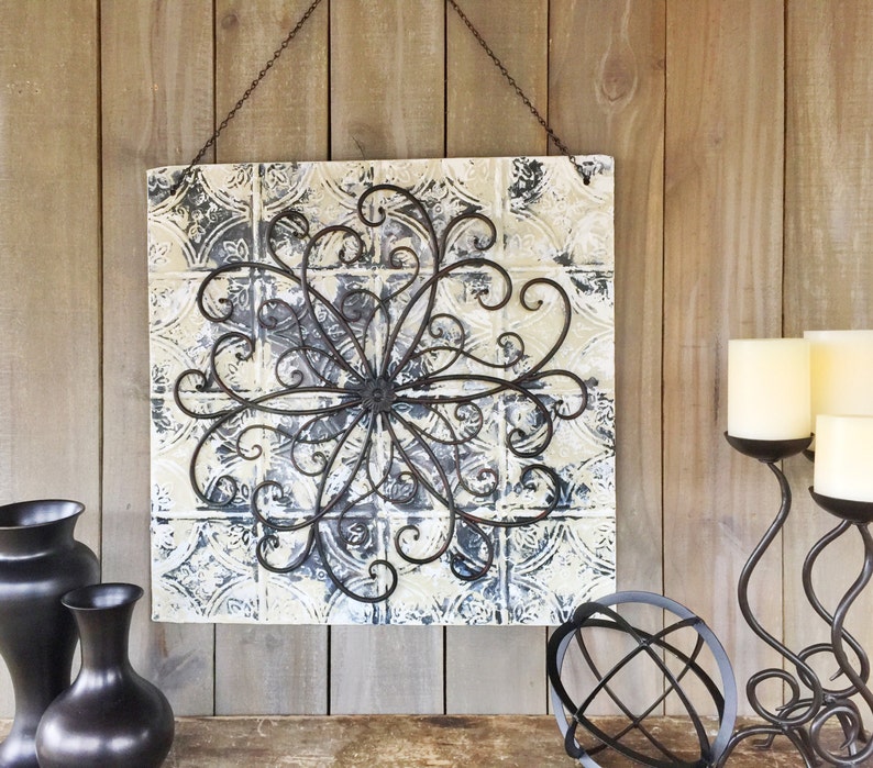 Antiqued Large Tin Tile With Scrolled Iron Medallion Metal Etsy