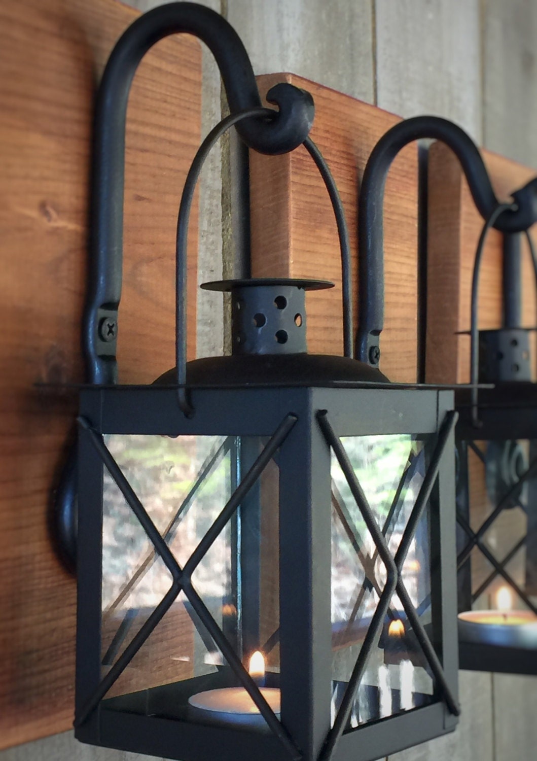 Black coach lantern tea light candle wall sconce on wood with Etsy