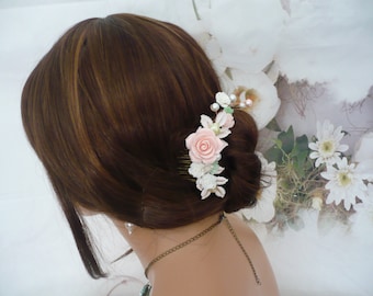 Pink Mint Rose Floral Collage Pink Wedding Comb Bridesmaids Gifts, Pastel Pink Comb Country Chic, Hair Accessory Pink Ivory Mint Wedding.