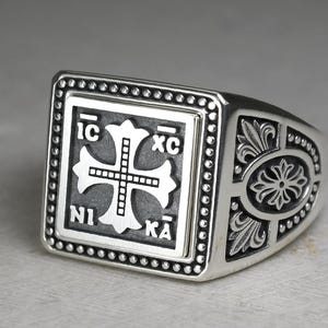 Byzantine Cross IC XC NIKA Signet Mens Ring with Fleur de Lis design, Jesus Christ Square Pinky Knight Chevalier Real Sterling Silver 925