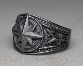 Ruthenium Plated North Star Ring, Compass Wind Rose Band, Unisex Black Jewelry Accessories, Best Gift For Men Women, Sterling Silver,  N&S