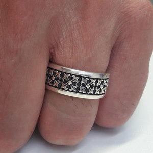 Fleur de Lis Cross bandring, middeleeuws, keltisch, ridder, patroon, sterlingzilver 925, mannen vrouw bruiloft, bague de mariage, hochzeitsring,