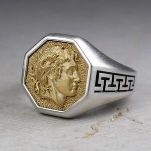 Alexander the Great Signet Ring, Real Silver With Gold Plated Icon, Macedonian King, Octagon Classic Chevalier, Ancient Greek Mythology