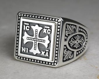 Byzantine Cross Ring: Solid Silver Chevalier (IC XC NIKA Design