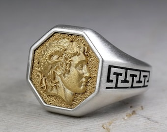 Alexander the Great Signet Ring, Real Silver With Gold Plated Icon, Macedonian King, Octagon Classic Chevalier, Ancient Greek Mythology