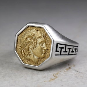 Alexander the Great Signet Ring, Real Silver With Gold Plated Icon, Macedonian King, Octagon Classic Chevalier, Ancient Greek Mythology