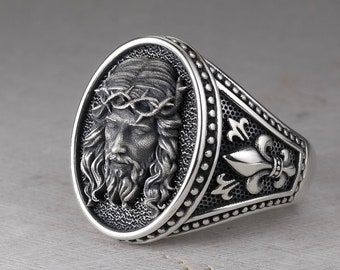 Christ Jesus Signet Ring, Sterling Silver 925, Christian Men's Gift, Savior Jesus, Fleur de Lis, Crown of Thorns, Religious  Man Jewelry