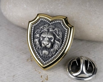 Gold Plated Shield Pin, Lion Head Brooch for a Suit, Wedding Accessories for Him, Man Lapel Badge, Leo Zodiac Gift, Real Sterling Silver 925