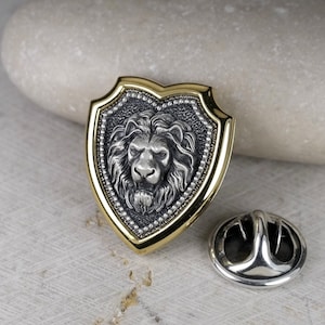 Gold Plated Shield Pin, Lion Head Brooch for a Suit, Wedding Accessories for Him, Man Lapel Badge, Leo Zodiac Gift, Real Sterling Silver 925
