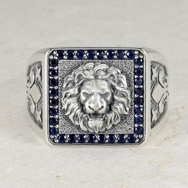 Bague pour homme chevalière du Roi Lion sauvage avec motif Fleur de Lis, pierre précieuse carrée Chevalier noir blanc rouge bleu, argent sterling 925 véritable sur mesure