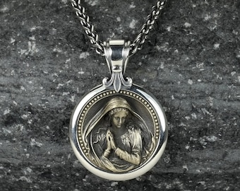 Virgin Mary Pendant with Silver and Bronze Icon, Neck Chain 2.5mm Fleur de Lis, 21mm Round Christian Medallion, Sterling Silver 925